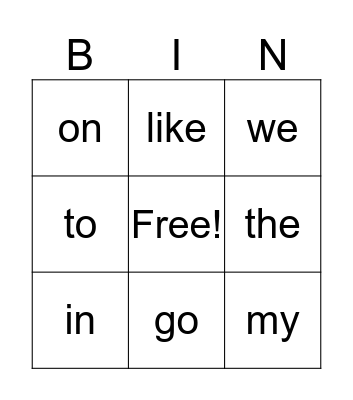 Sight Words Bingo Card