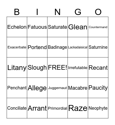 Unit 8 Vocabulary Bingo Card