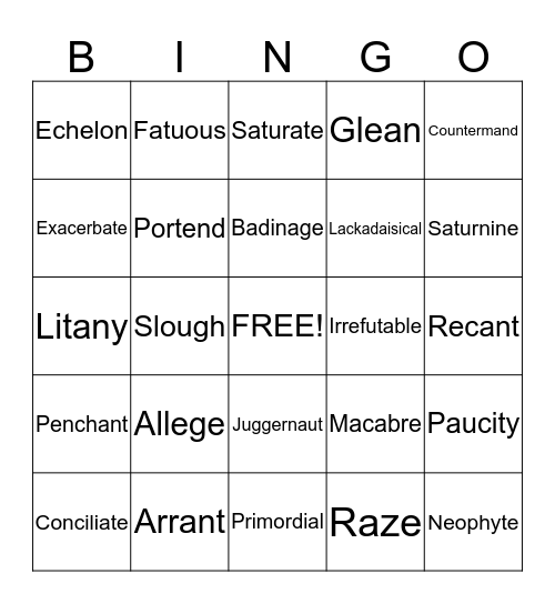 Unit 8 Vocabulary Bingo Card