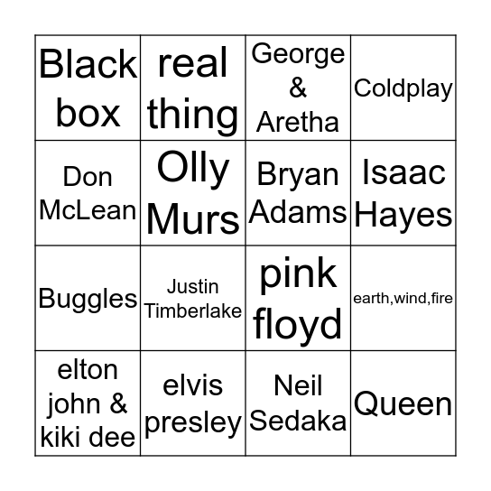 Band or Singer Name's Bingo Card
