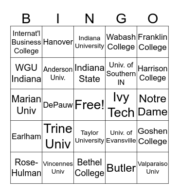Indiana College Bingo Card