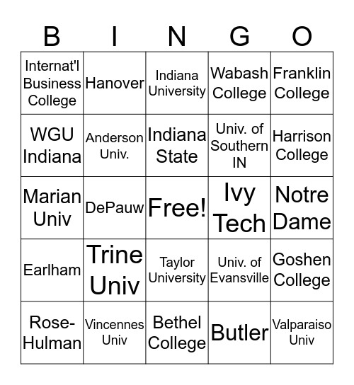 Indiana College Bingo Card