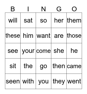 Sight Words Bingo Card