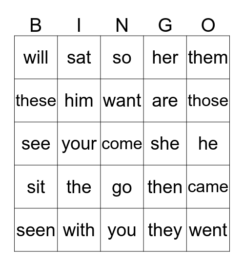 Sight Words Bingo Card