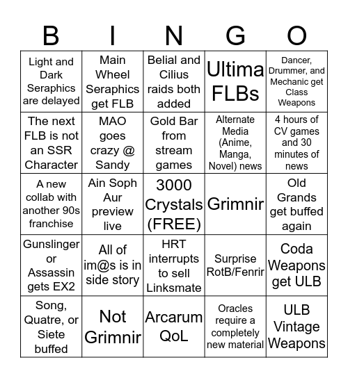 Granblue Stream Bingo Card