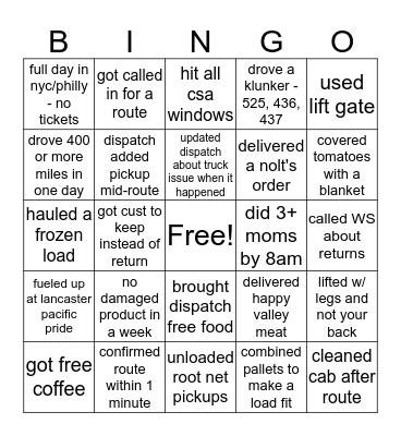 Root Network Driver Bingo Card