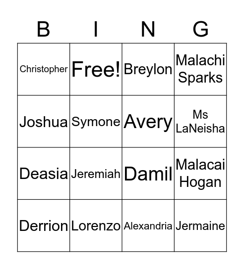 Bunny classroom names Bingo Card