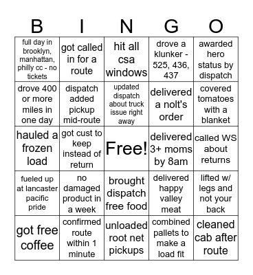 Root Network Driver Bingo Card