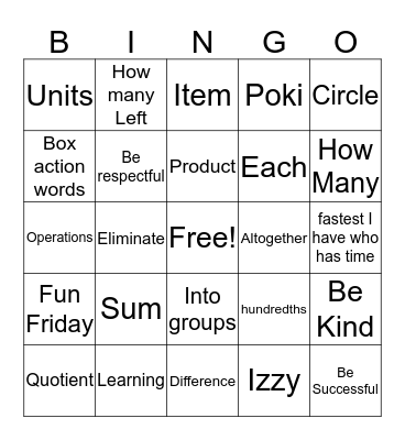Math  Bingo Card