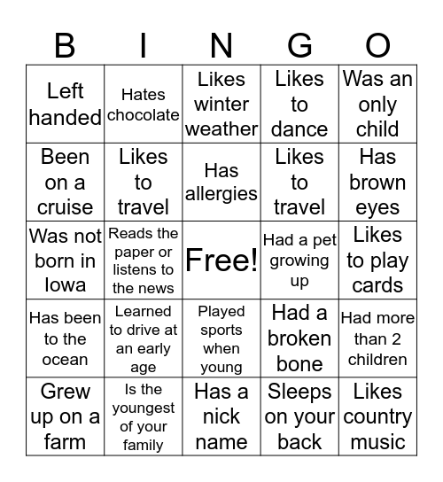 Human Scavenger Hunt Bingo Card