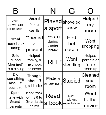 Winter Break BINGO Card