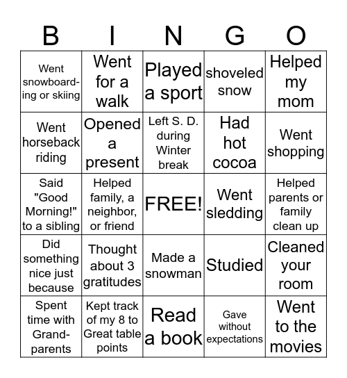 Winter Break BINGO Card