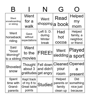 Winter Break BINGO Card