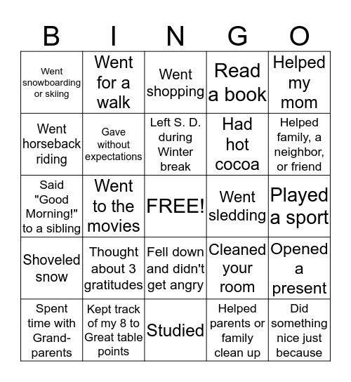 Winter Break BINGO Card