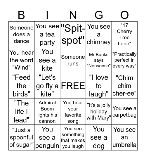 Mary Poppins Bingo Card