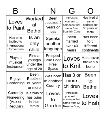 Prospect Lake Congregation  Bingo Card