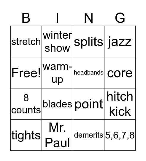 Performance Dance Bingo Card