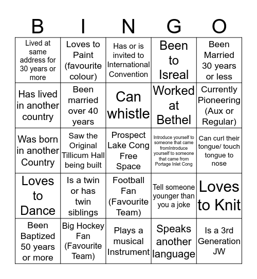 Prospect Lake Congregation Bingo Card