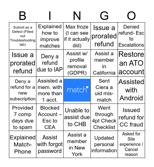 Match Caller BINGO !  Bingo Card