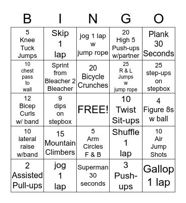 Physical Activity Bingo Card