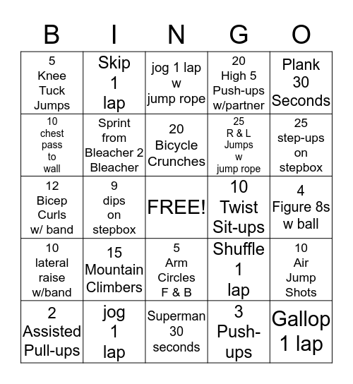 Physical Activity Bingo Card