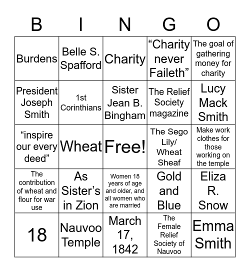 Relief Society Bingo Card