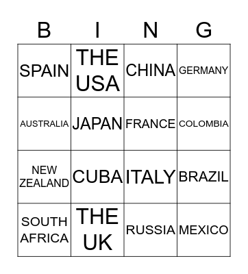 COUNTRIES & NATIONALITIES Bingo Card
