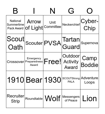 Cub Scout Leader Bingo Card
