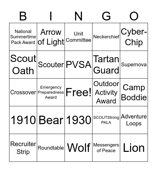 Cub Scout Leader Bingo Card