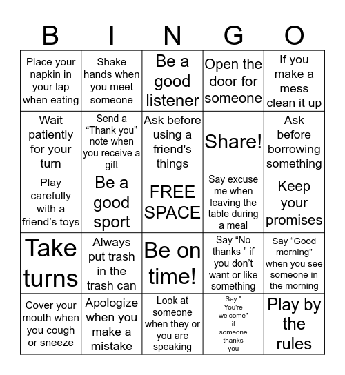 Everyday Manners! Bingo Card