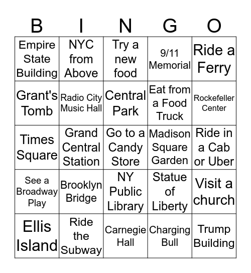 New York Sightseeing Bingo Card