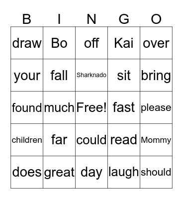 Sight Word Bingo Card