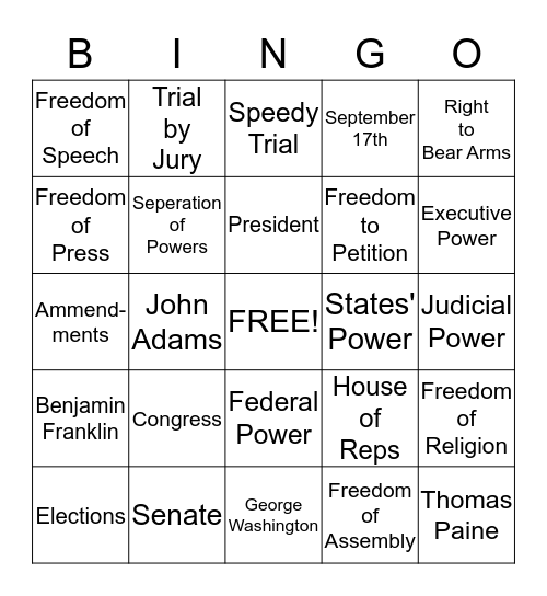 U.S. Constitution Bingo Card