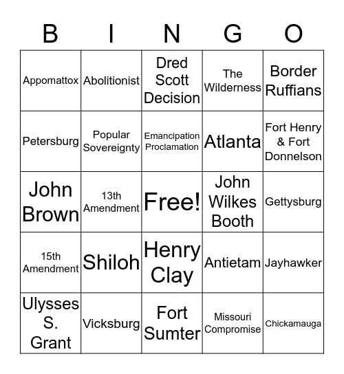 Civil War Bingo Card