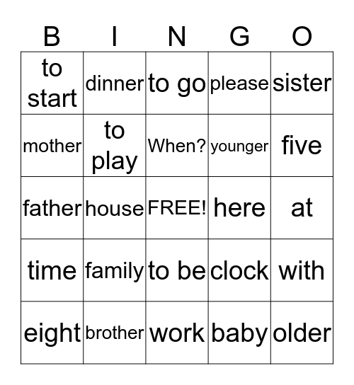 English Bingo Card