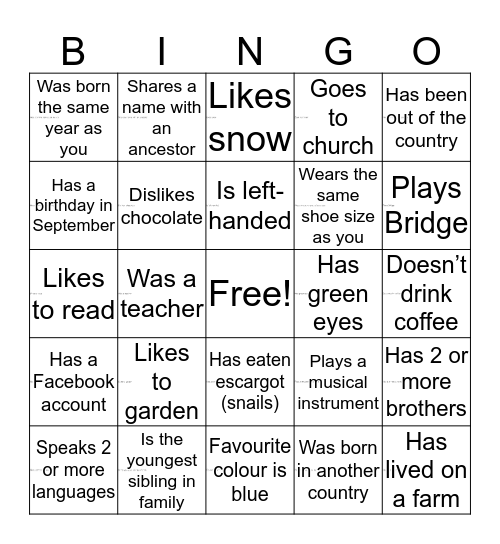 Know Your Neighbour Bingo Card
