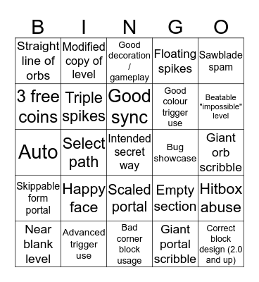 Geometry Dash Recent Level Bingo Card