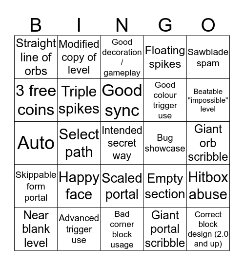 Geometry Dash Recent Level Bingo Card