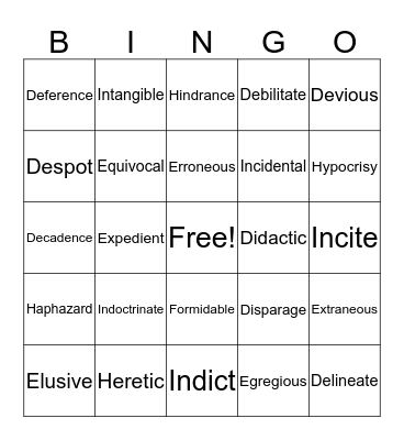 Vocabulary Bingo Card