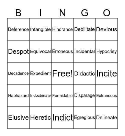 Vocabulary Bingo Card