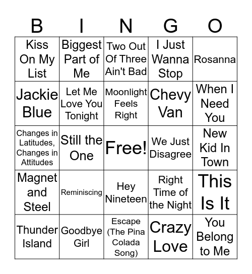 Yacht Rock Bingo Card