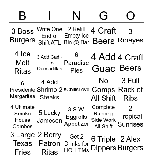 Saturday Dinner Vibes Bingo Card