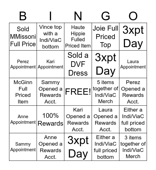 Indi/ViaC Team  Bingo Card
