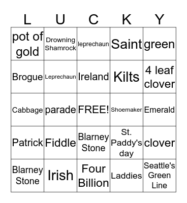 St. Patrick's day Bingo Card