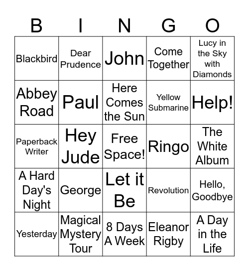 Beatles Bingo Card