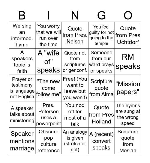 Stake Conference March 2019 Bingo Card