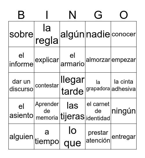 Spanish 2 Chapter 1A Bingo Card