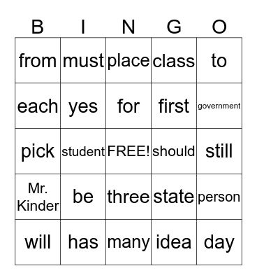 Student Government Bingo Card