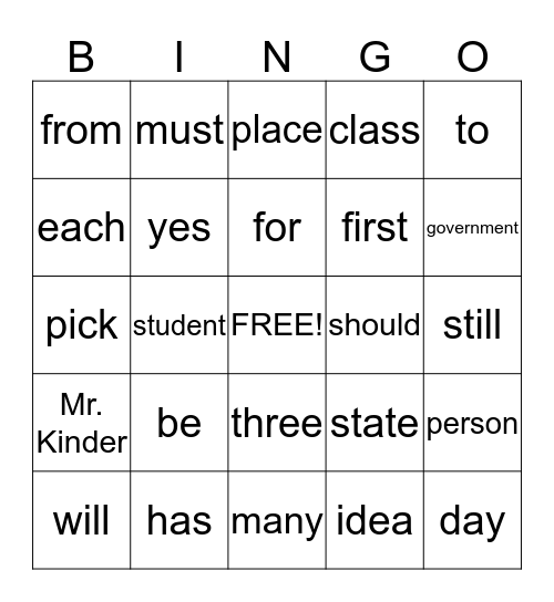 Student Government Bingo Card