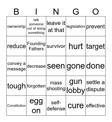 Gun violence vocabulary Bingo Card